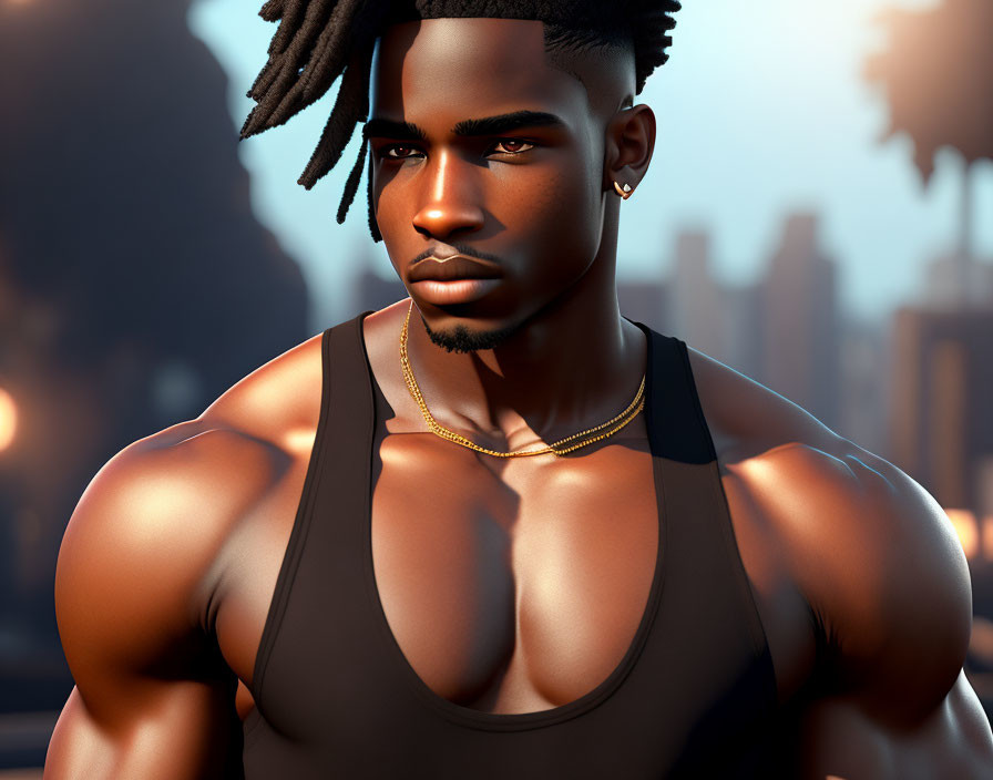 Muscular man with dreadlocks in black tank top and gold chain in urban sunset scene