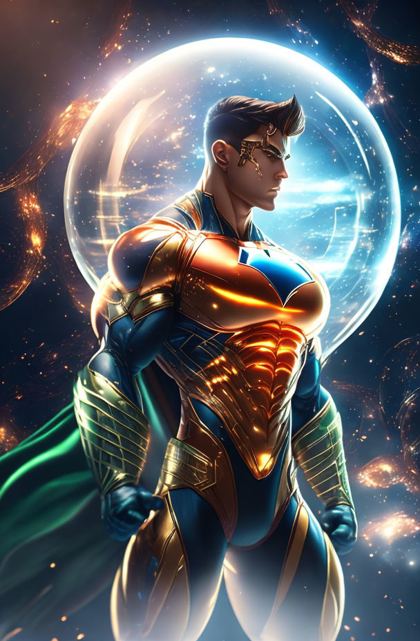 Superhero in Vibrant Suit with Chest Emblem Against Cosmic Backdrop