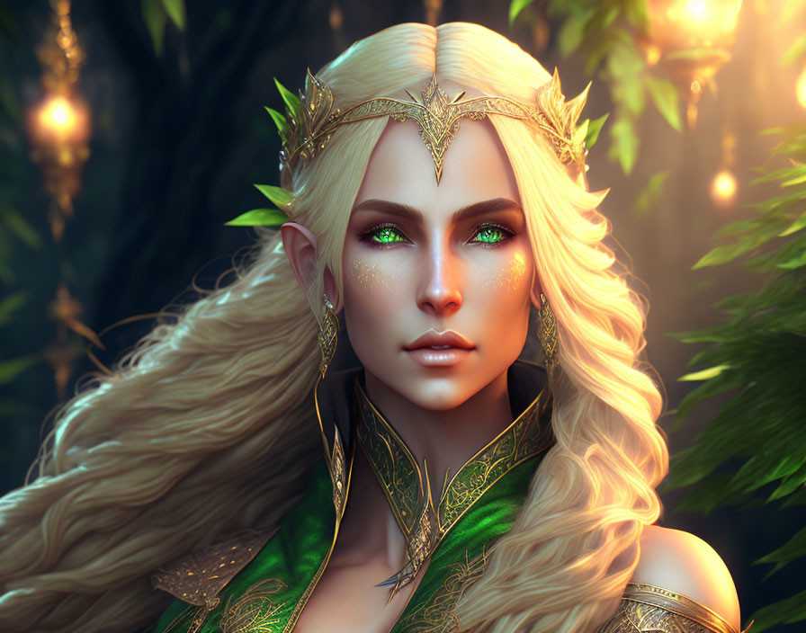 Blond Woman with Pointed Ears and Golden Crown in Enchanted Forest