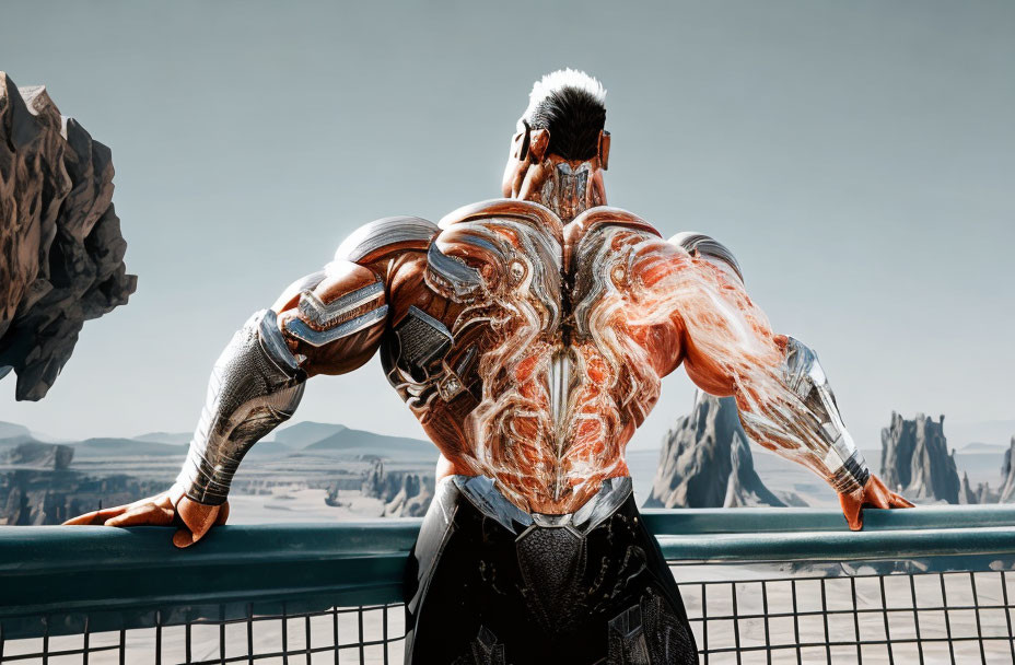 Muscular character in intricate armor overlooking vast landscape