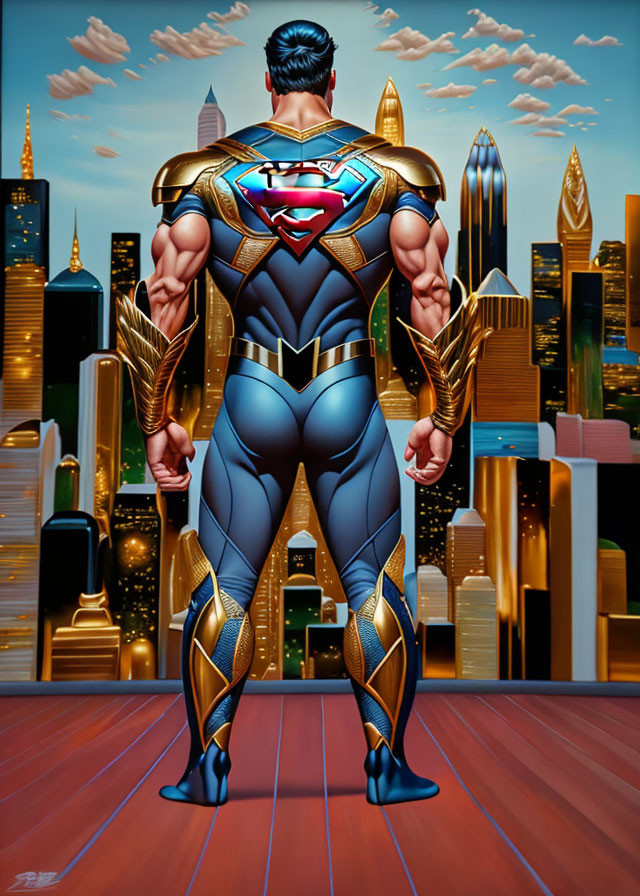 Muscular superhero in a cape with 'S' emblem overlooking cityscape