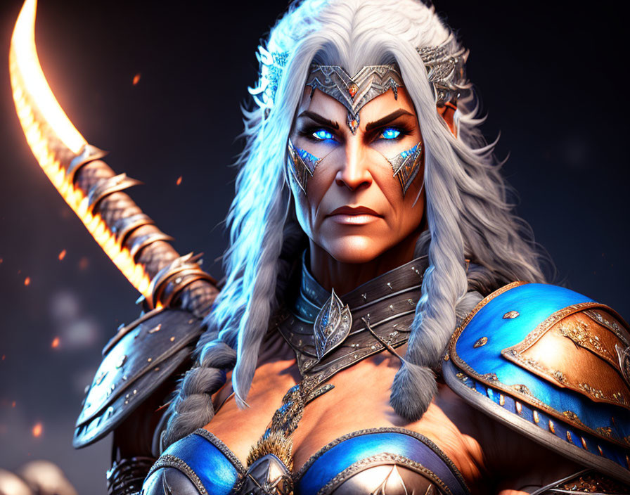 Fantasy warrior digital art with white hair, blue eyes, detailed armor