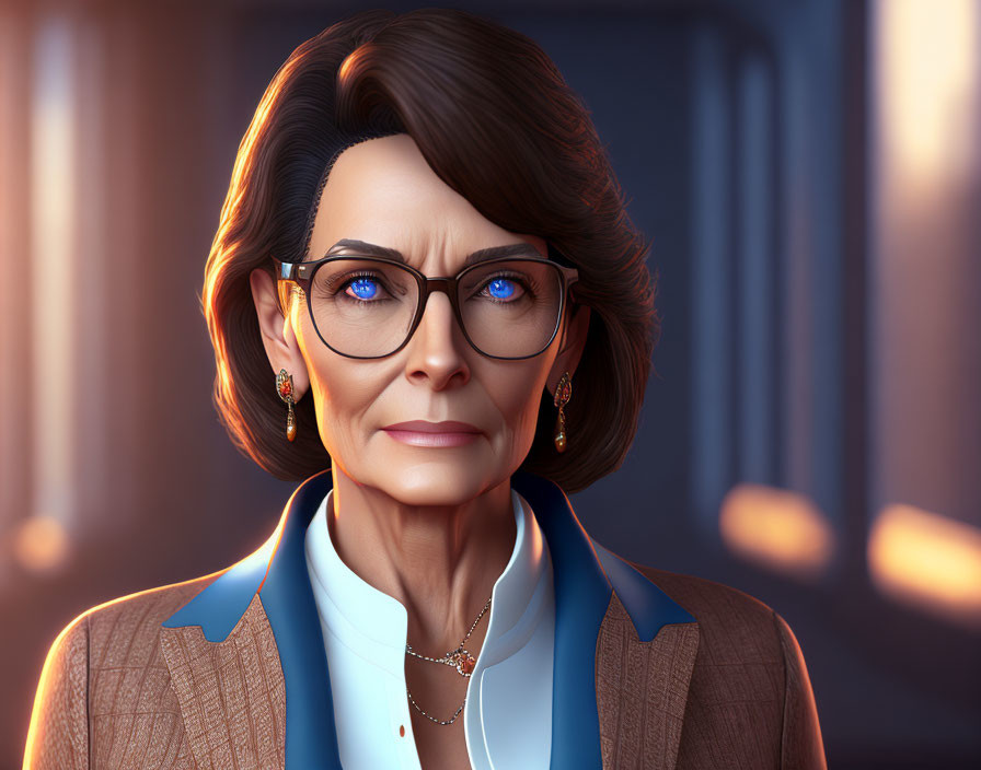 Stylized digital portrait of mature woman with glasses and brown hair