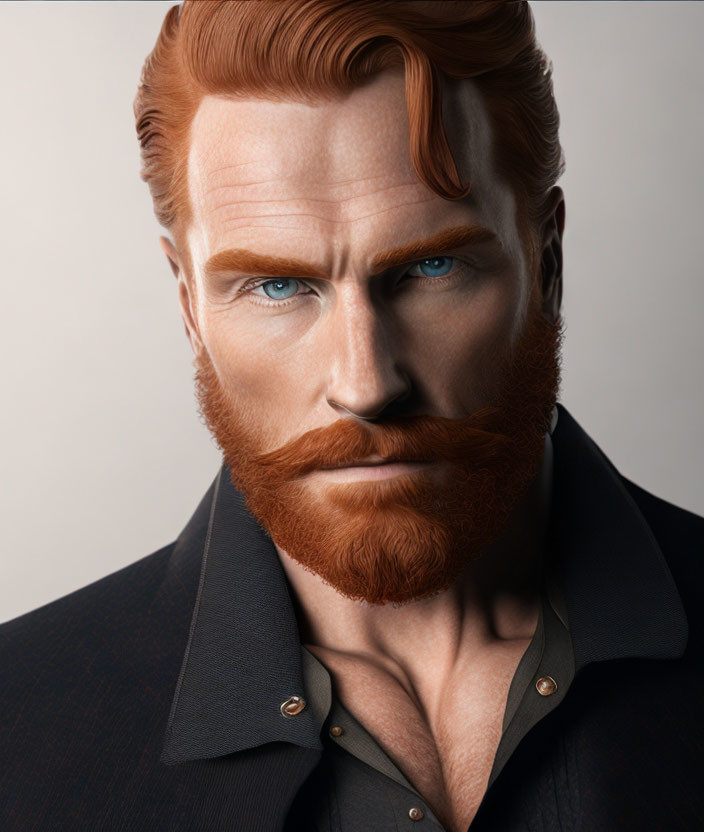 Red-bearded man in navy coat with blue eyes: digital portrait