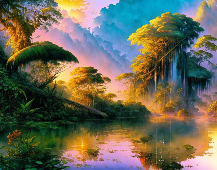 Lush Jungle Artwork: Towering Trees, Tranquil River, Multicolored Sky