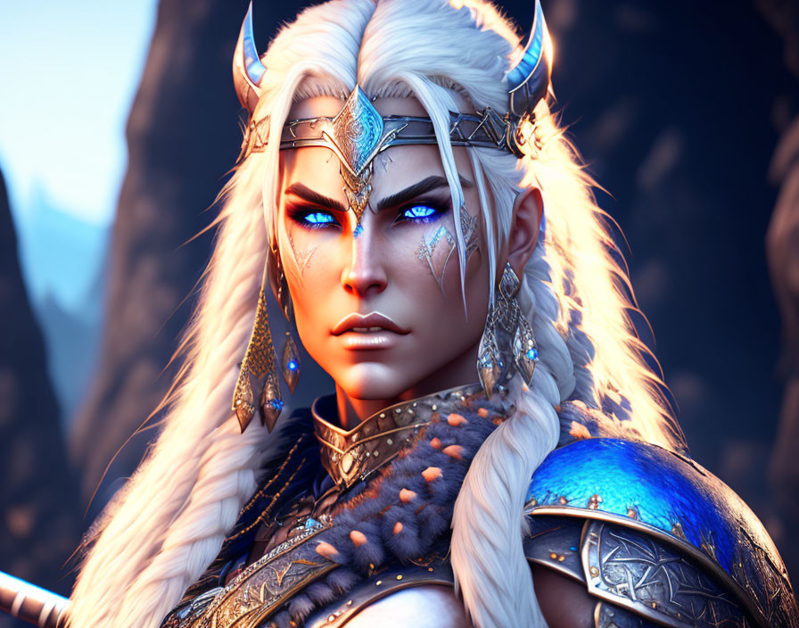 Fantasy female elf with blue eyes and white hair in silver and blue armor