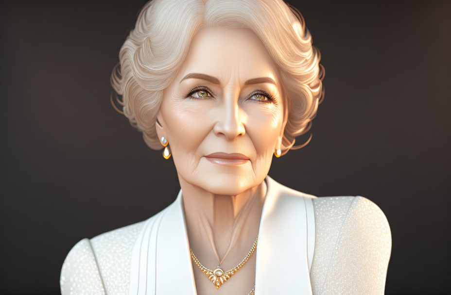 Elder woman 3D digital portrait: white hair, pearl jewelry, dark backdrop