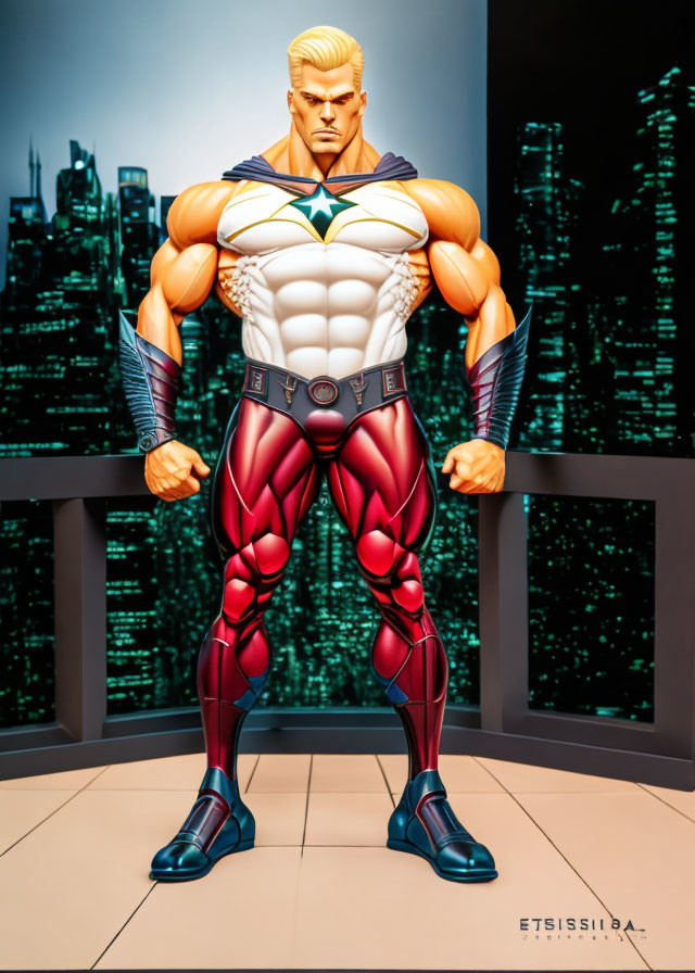 Muscular blond superhero statue with star emblem in red and violet costume before cityscape