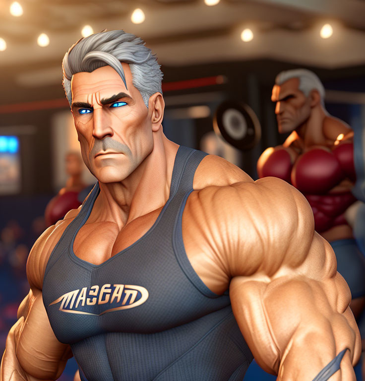 Elderly superhero with gray hair in blue gym attire