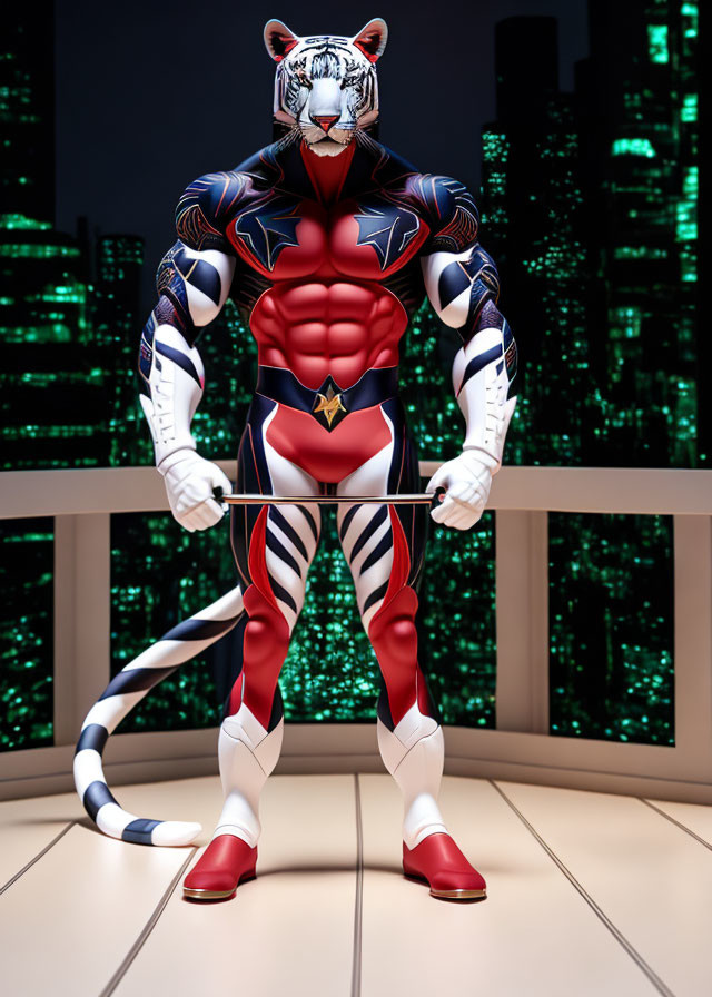 Digital artwork: superhero in white tiger costume against cityscape