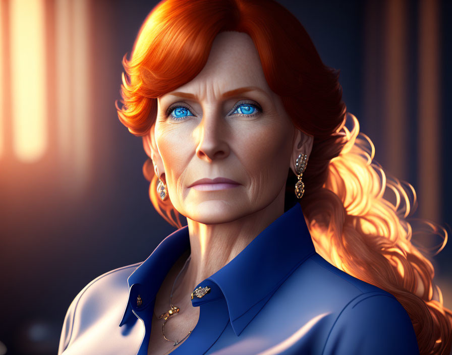 Mature Woman Digital Portrait with Red Hair and Blue Blazer