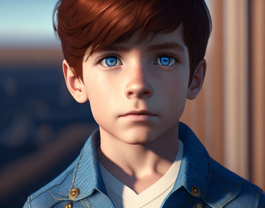 Detailed close-up of 3D animated boy with blue eyes and auburn hair in denim jacket