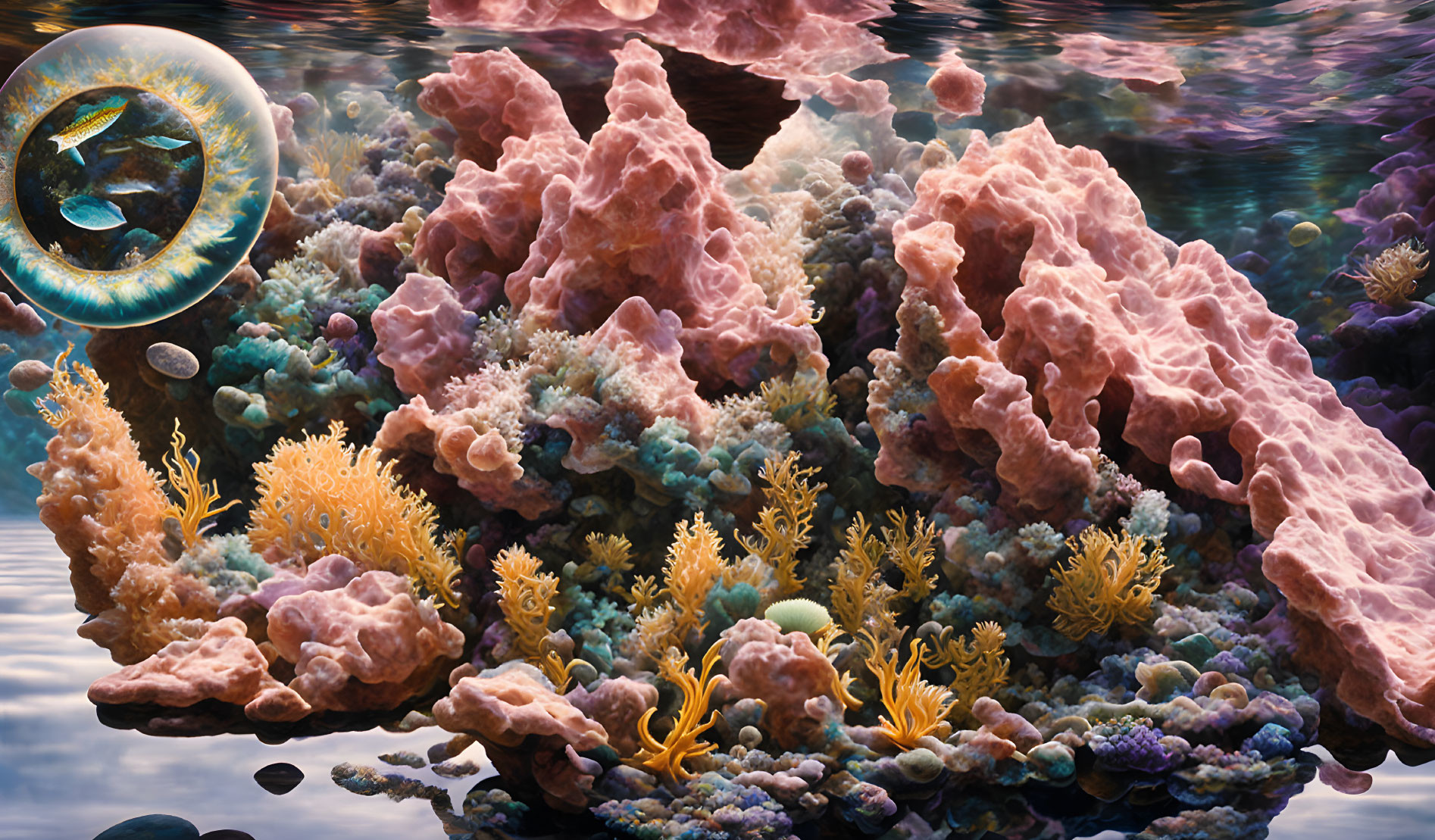 Colorful Coral Formations and Surreal Eye in Bubble in Vibrant Underwater Scene