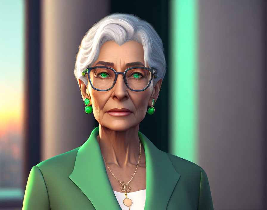 Elderly Woman in Green Blazer and Glasses at Sunset