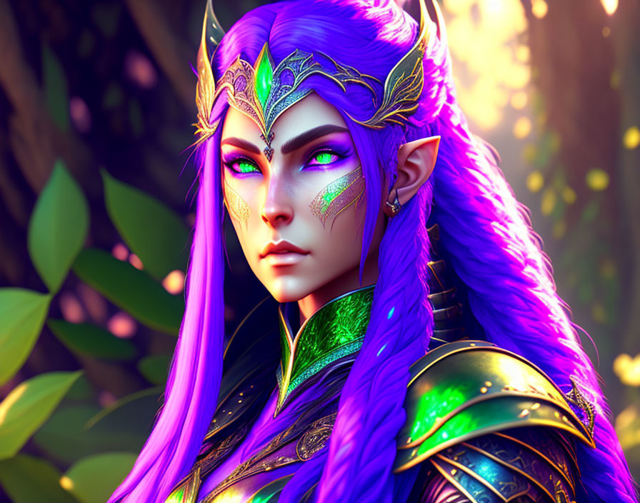 Vibrant purple hair, emerald armor, gold leaf headpiece in magical forest.