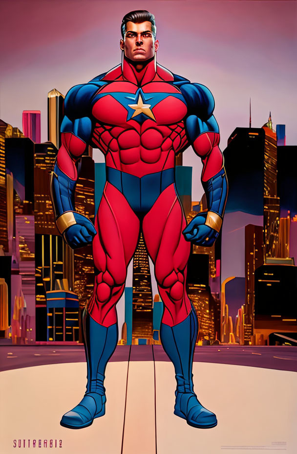 Muscular superhero in red and blue suit in cityscape at sunset