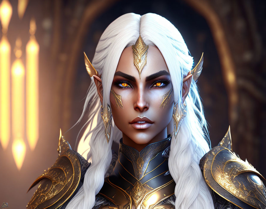 Elf with white hair and golden eyes in intricate golden armor, against regal, mystical background