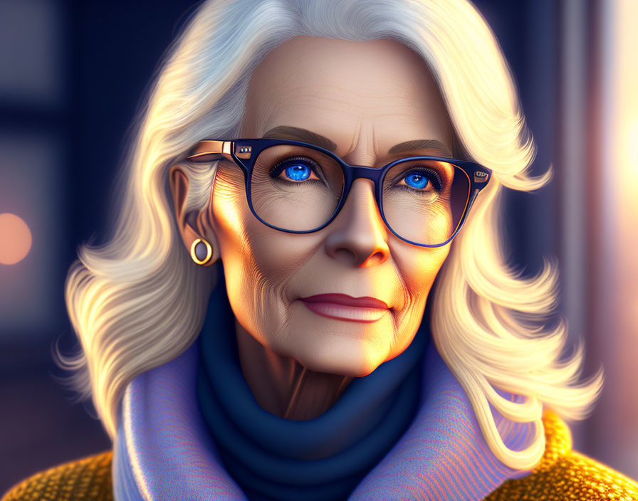 Elderly woman with blue eyes and glasses in blue turtleneck and gold earrings