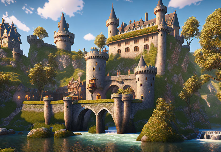 Fantasy castle with towers and turrets on lush green terrain