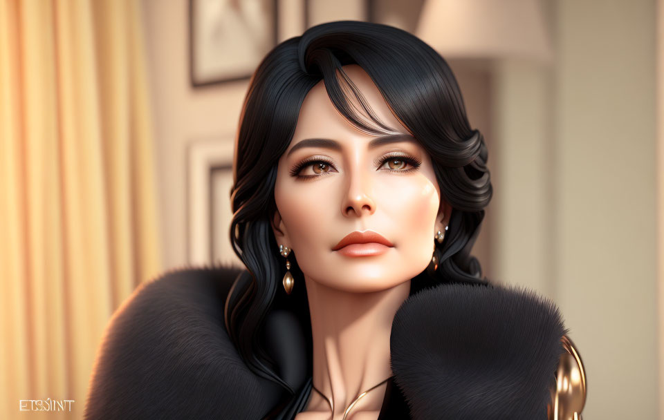 3D rendered image of woman with sharp features in black fur coat