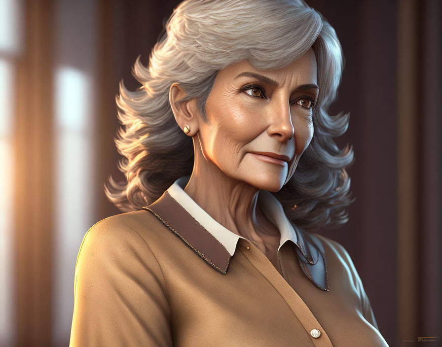 Elder woman digital portrait in beige blouse with white hair