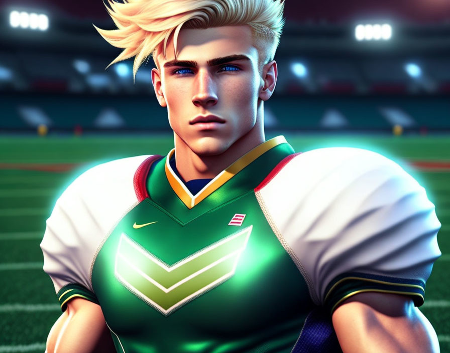 Young male with blue eyes and blond hair in sports jersey against stadium backdrop