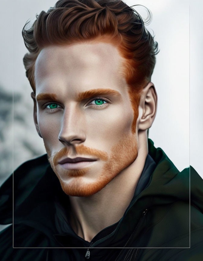 Man with Green Eyes and Red Hair in Black Jacket - Stylized Portrait