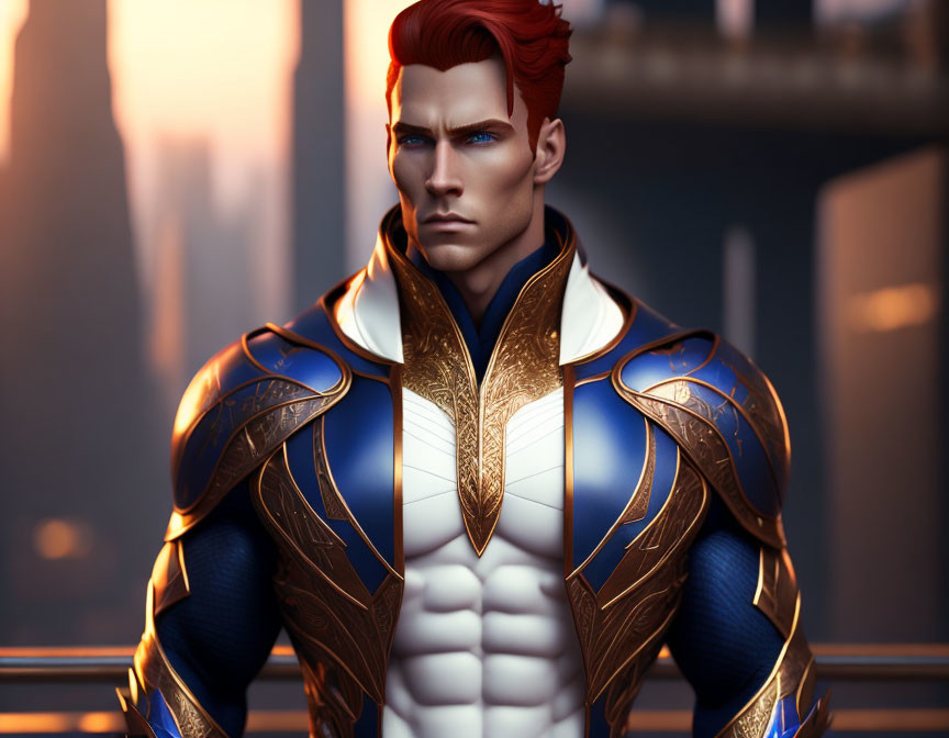 Male figure in red hair with futuristic blue and gold armor in urban sunset scene