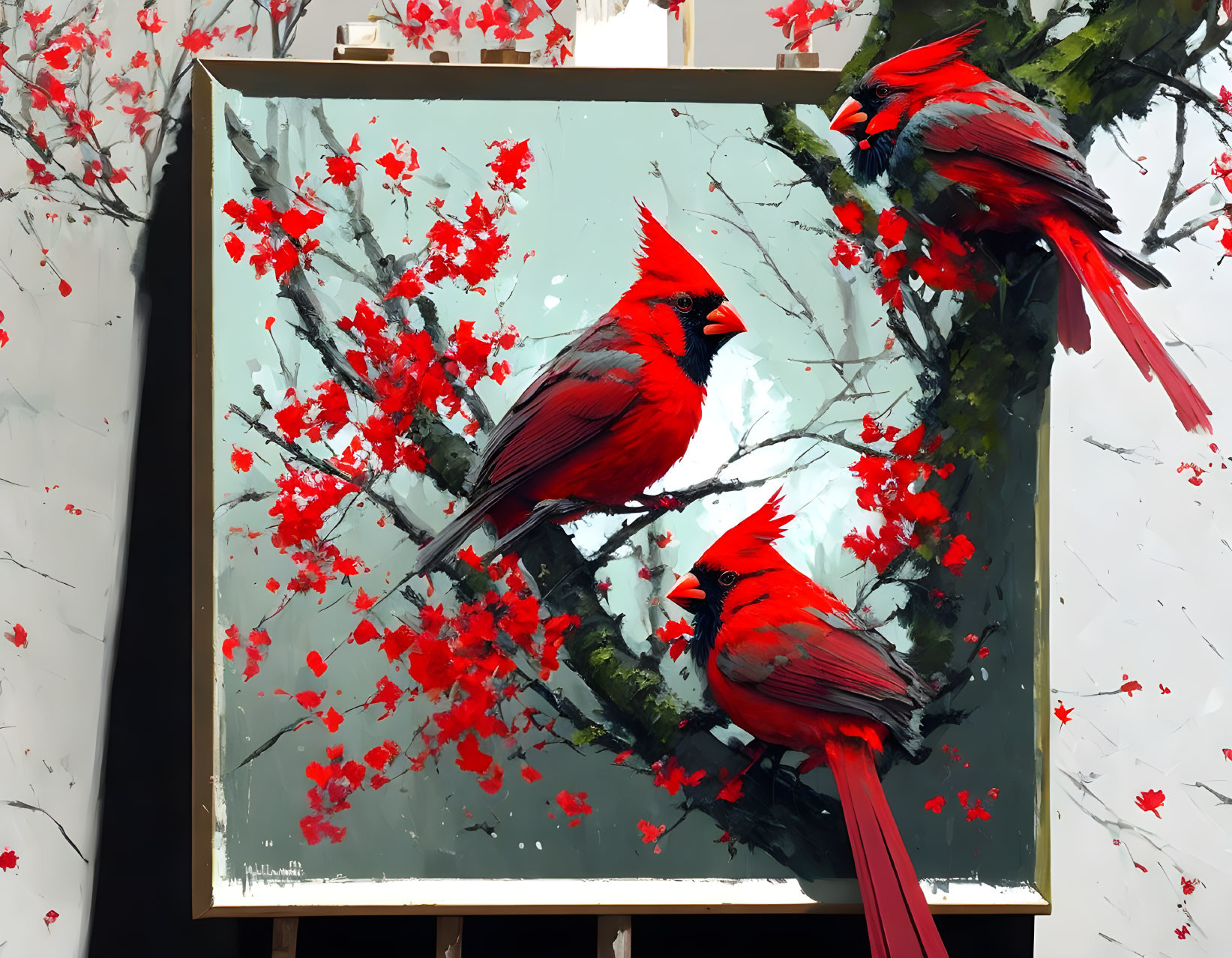 Three red cardinals on blossoming branches on a painter's easel