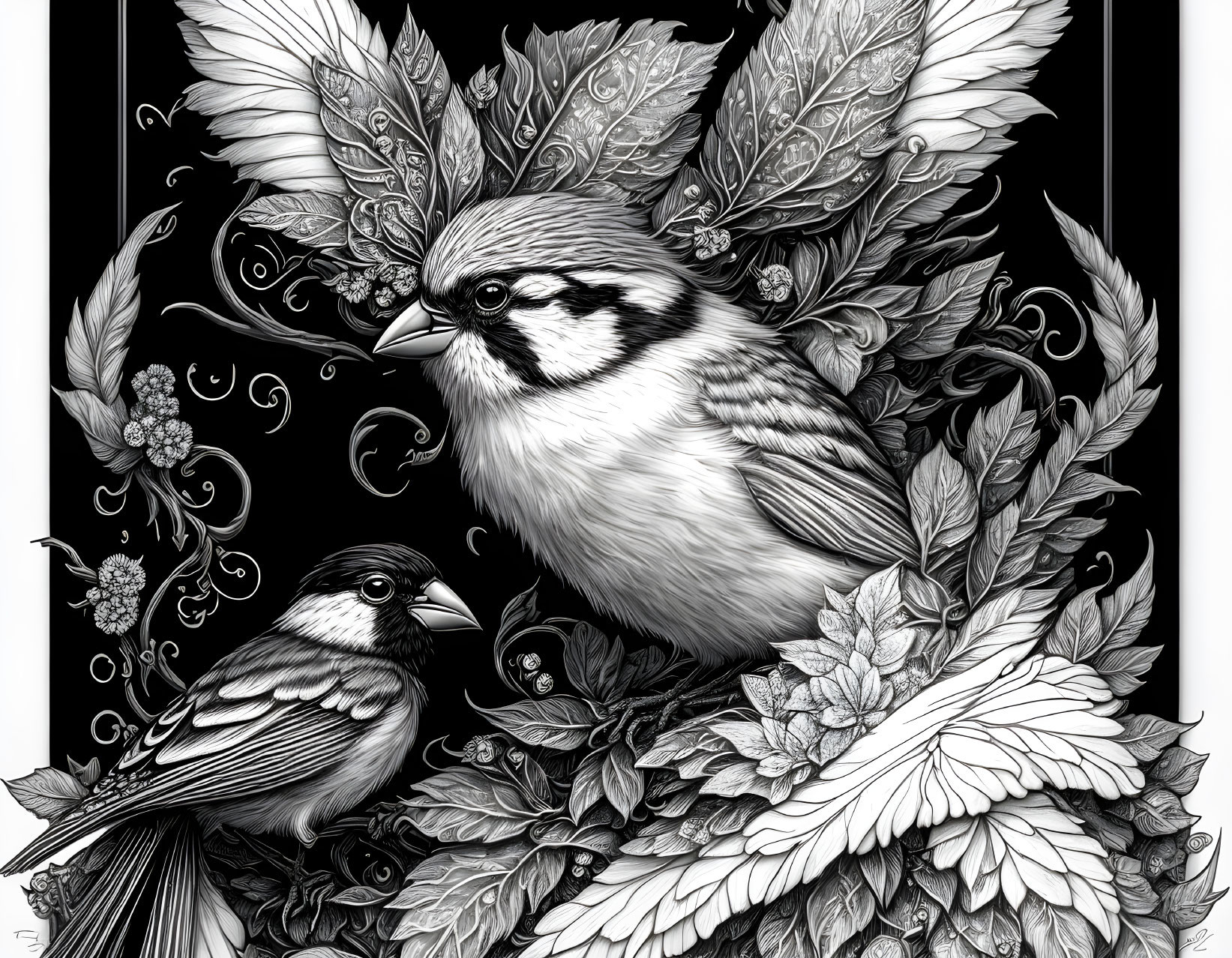 Detailed Monochromatic Sparrows in Floral Setting