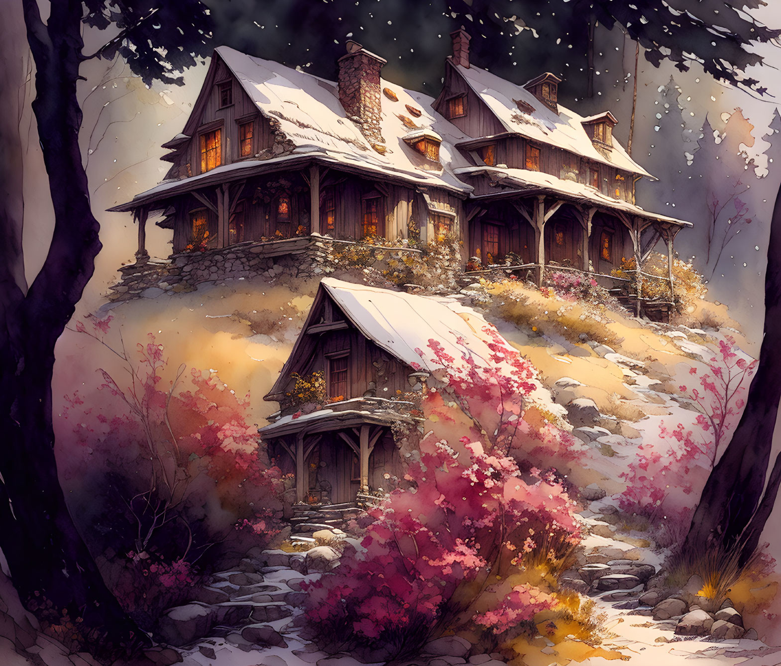 Snow-covered multi-story cottage in a winter landscape with pink-flowered shrubs.