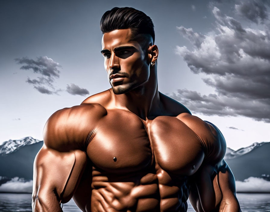 Hyperrealistic Muscular Man Illustration Against Mountainous Backdrop