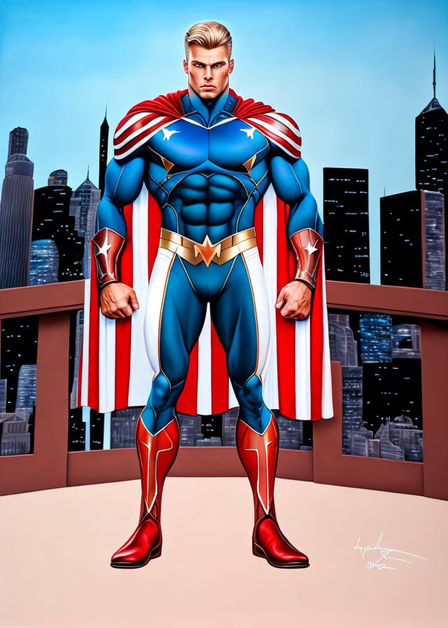 Blond superhero with cape and star-spangled costume against city skyline