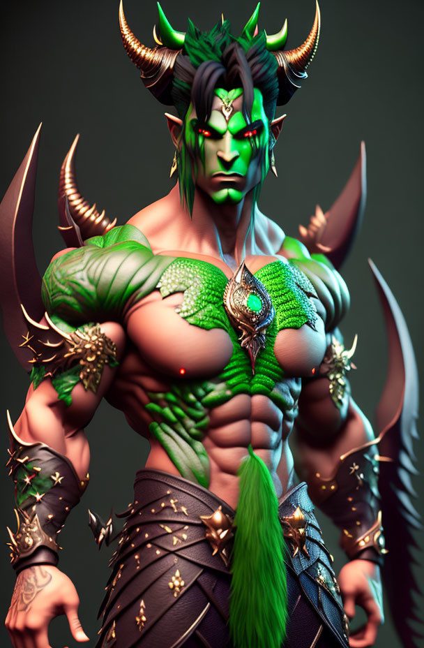 Fantasy creature with green skin, horns, glowing eyes, and dragon emblem armor