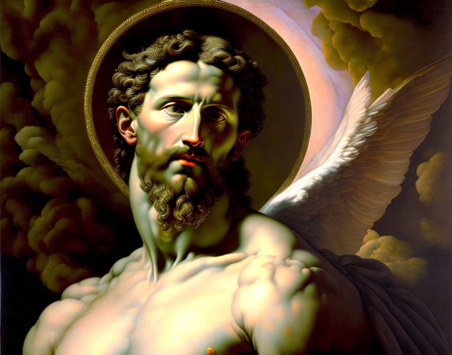 Angelic figure with halo, curly hair, intense gaze, muscular build, and wing against cloudy backdrop