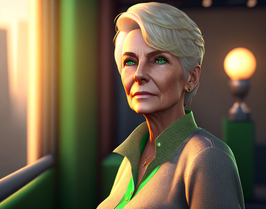 Elderly woman in green blouse with pensive expression