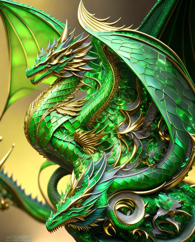 Detailed digital artwork of majestic green and gold dragon with intricate scales and horns on greenish background