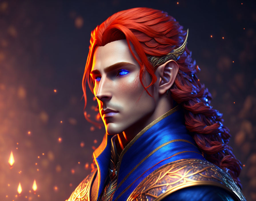 Digital art portrait of red-haired elf in blue and gold attire on fiery orange backdrop