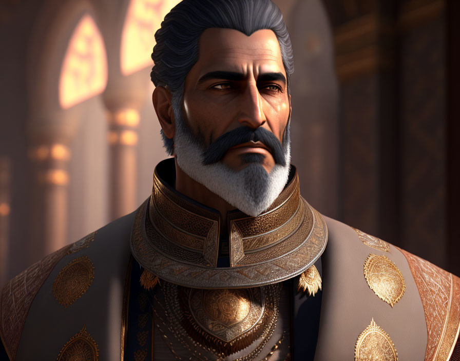 Animated character in ornate armor with salt-and-pepper beard standing in room with arched windows