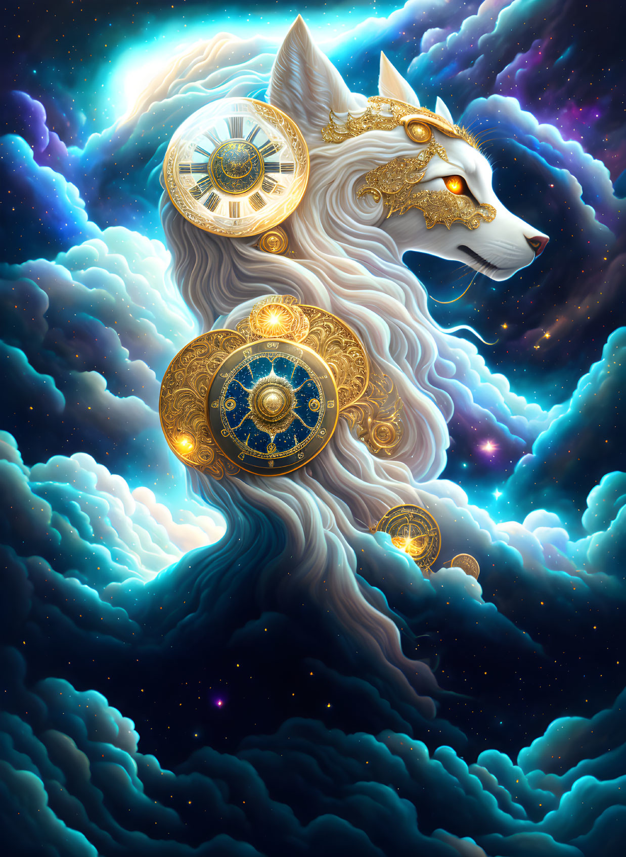 White Wolf with Celestial Clockwork in Cosmic Setting