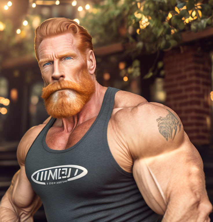 Bearded muscular character with orange beard and tattoo in outdoor gym