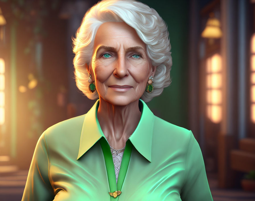 Elderly woman with white hair and blue eyes in green attire smiles subtly