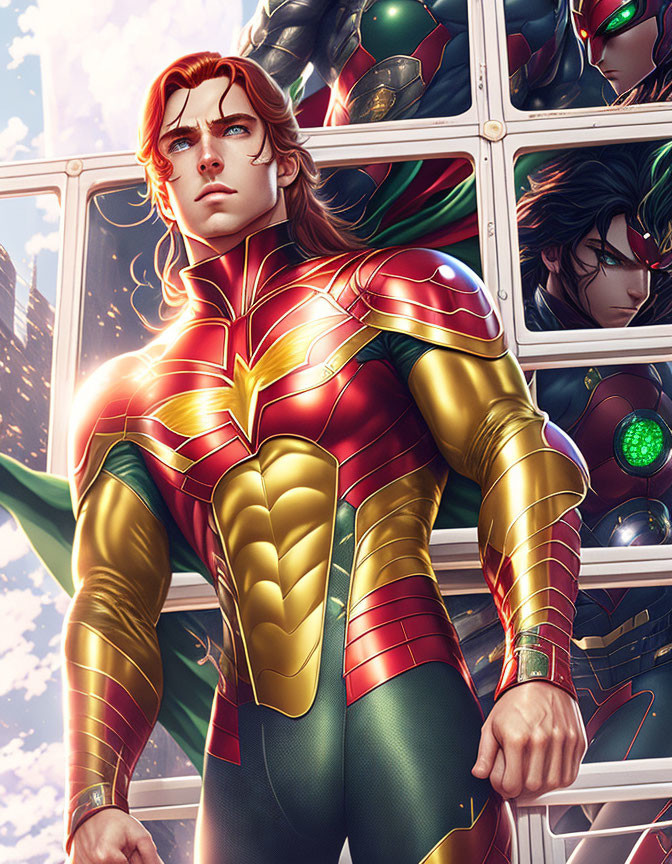 Male superhero illustration in red and gold suit with star emblem