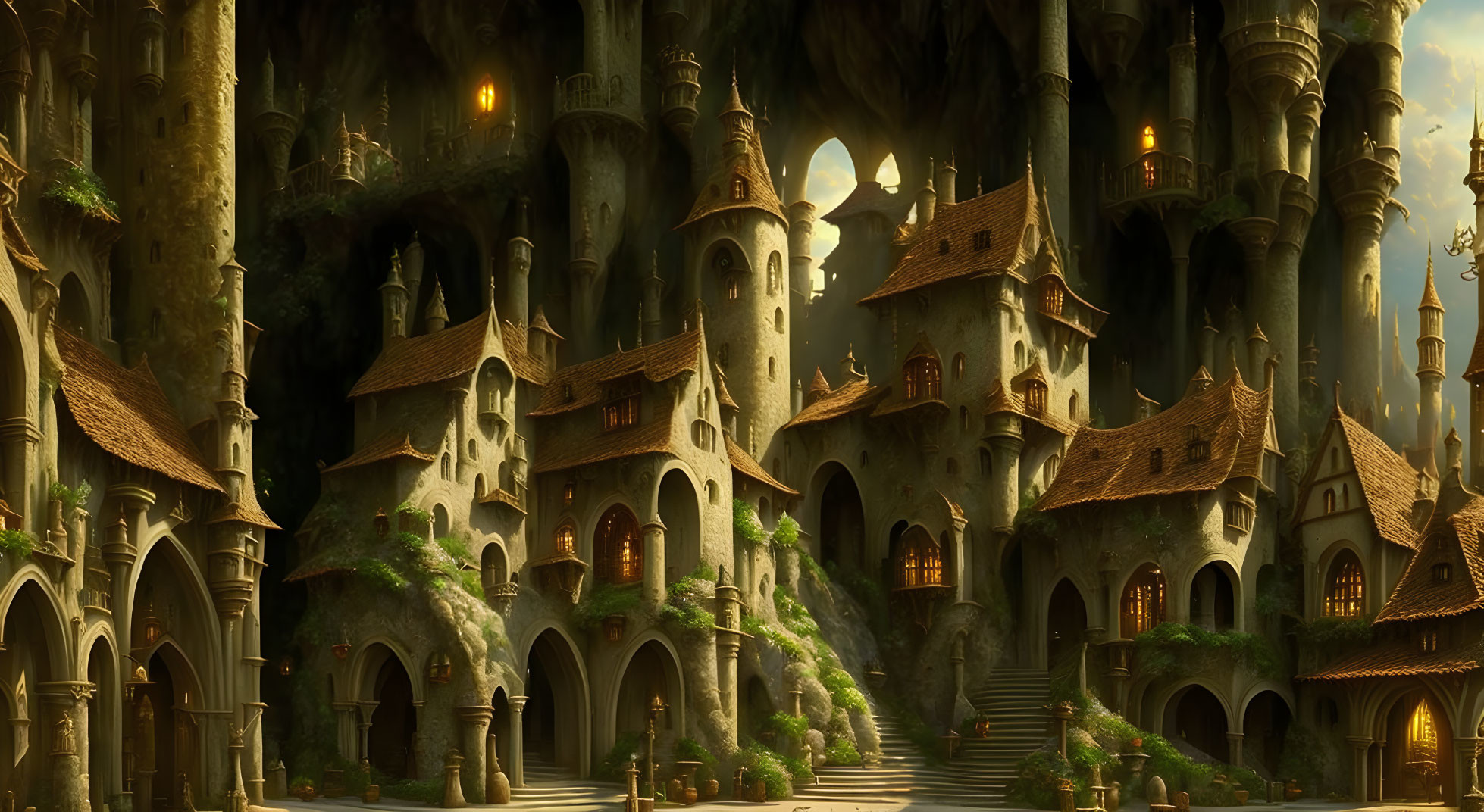 Fantasy cityscape with spire-like structures and cozy houses on lush mountainside