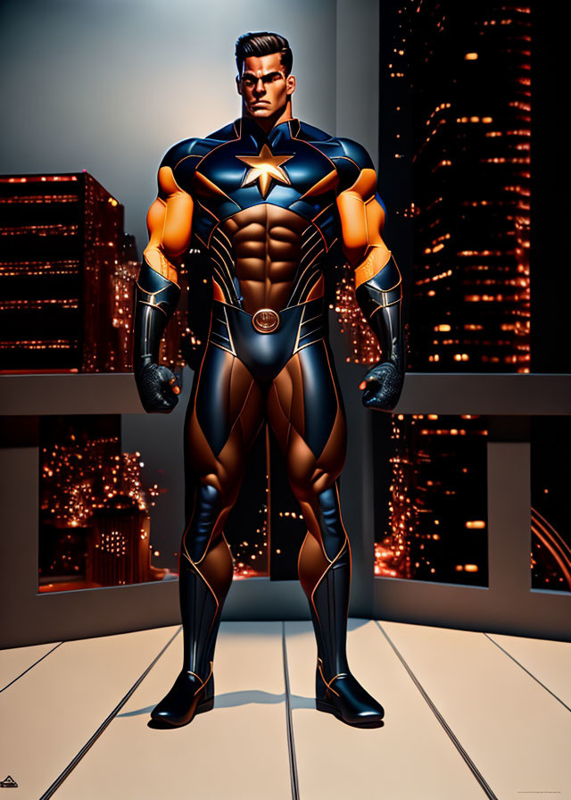 Muscular superhero with star emblem in black and blue suit against cityscape at night