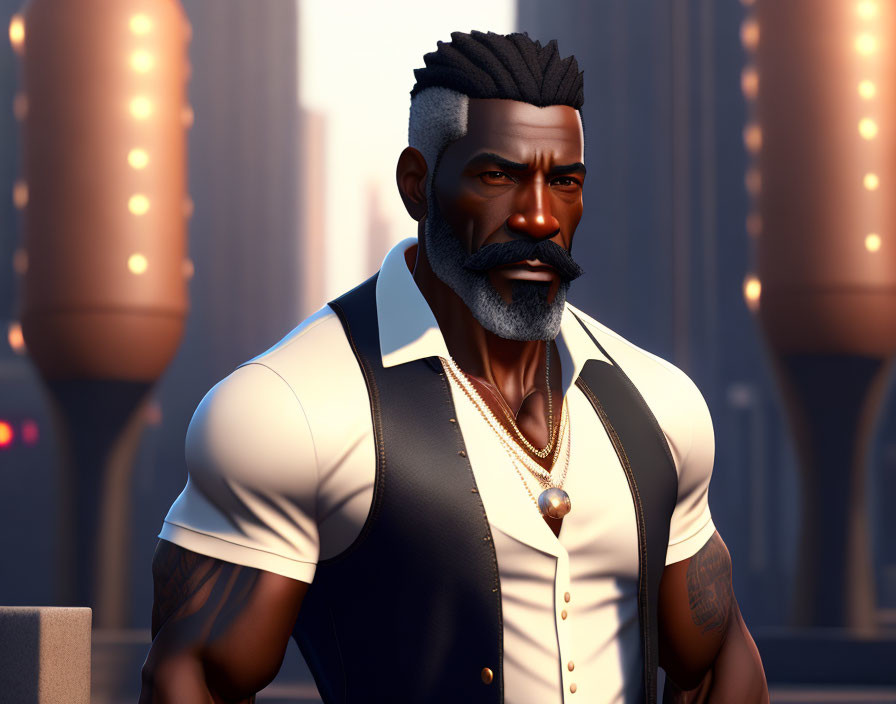 Gray-bearded animated character in white shirt, vest, and gold necklace in cityscape at dusk