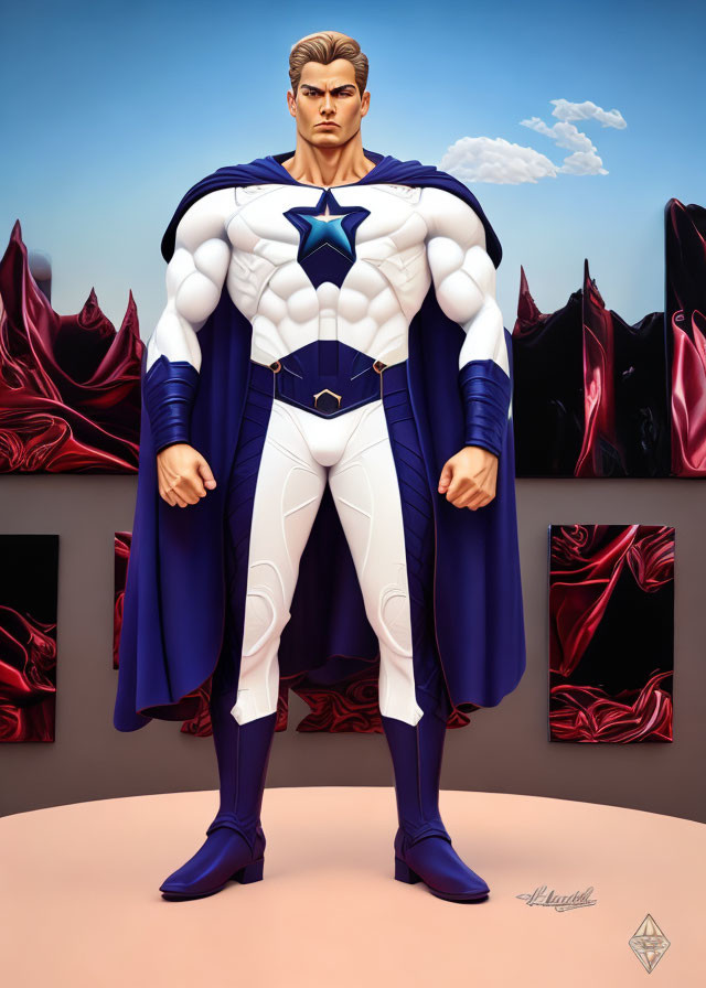 Muscular superhero in blue and white costume with star emblem and cape