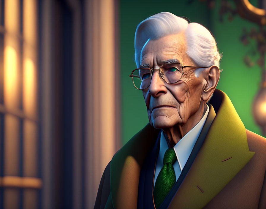 Elderly gentleman in suit with green tie and white hair portrait