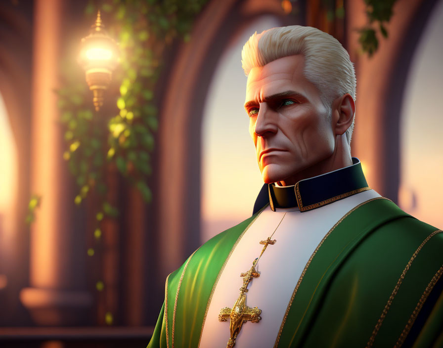 Animated character in white hair and priestly robes in church