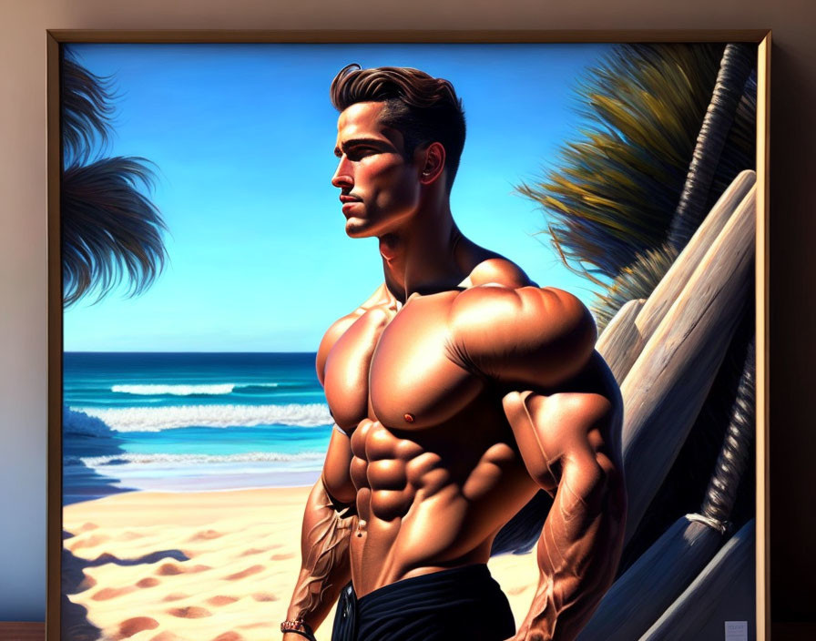 Muscular man digital artwork against beach backdrop
